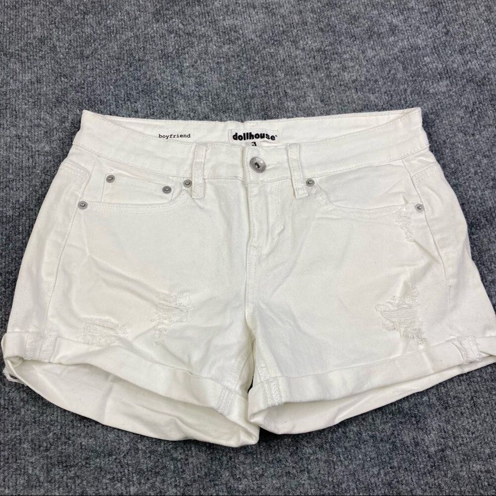 Dollhouse Denim Shorts Womens Size 3 White Distressed Boyfriend Cuffed Casual